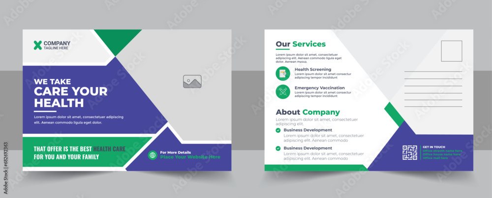 Creative Health care or medical postcard template design, vector medical eddm postcard layout vector