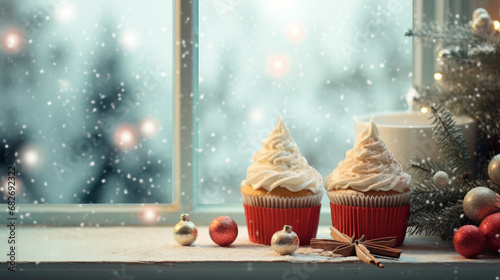 Christmas cupcakes on table with bokeh background for Christmas and New Year.