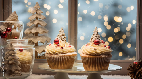 Christmas cupcakes on table with bokeh background for Christmas and New Year.