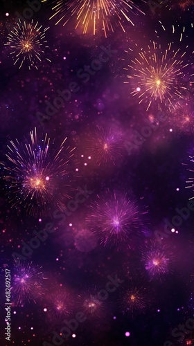 Purple and gold fireworks in the night sky, Abstract background.