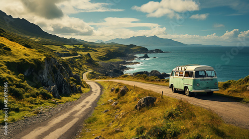 Tourist white bus on mountain road. Ring of Kerry, Ireland. Travel destination photo