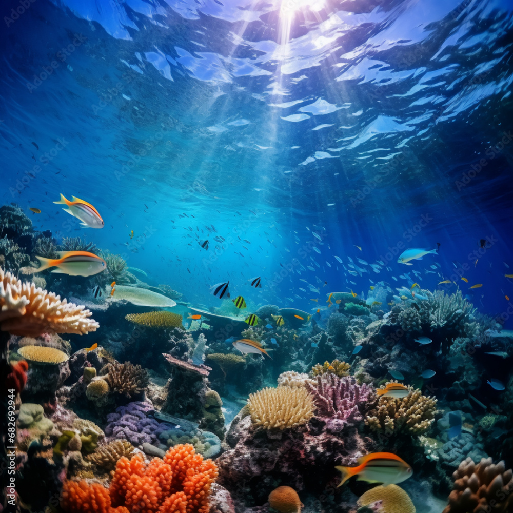 Fototapeta premium A mesmerizing underwater view of colorful coral reefs surrounded by a variety of fish species. AI Generative.