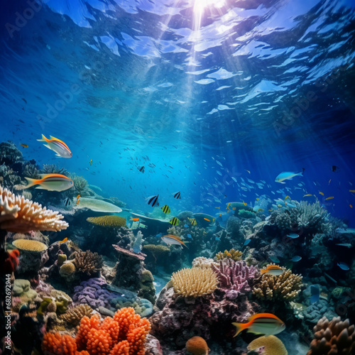 A mesmerizing underwater view of colorful coral reefs surrounded by a variety of fish species. AI Generative.