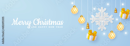 Christmas poster with shiny snowflakes, gifts and other elements on a blue background. Vector illustration.