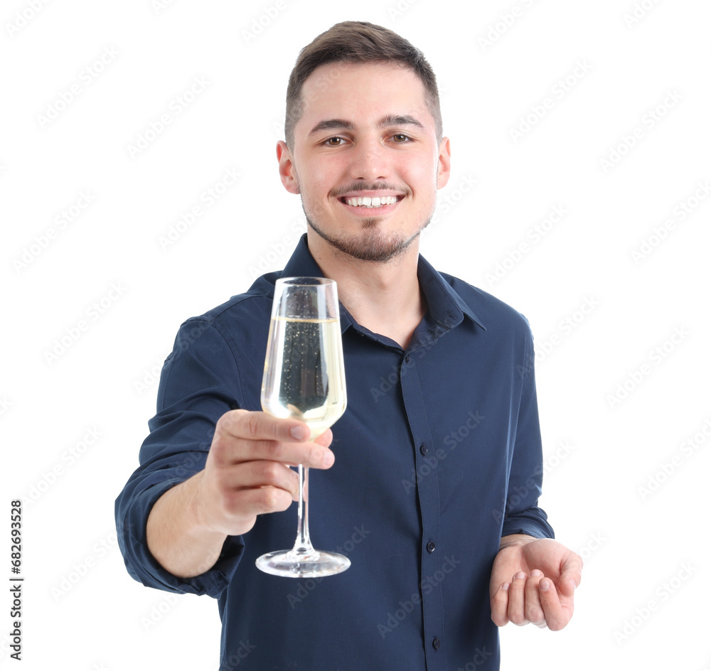 Young man with glass of champagne on white background. New Year celebration Young man with glass of champagne on white background. New Year celebration