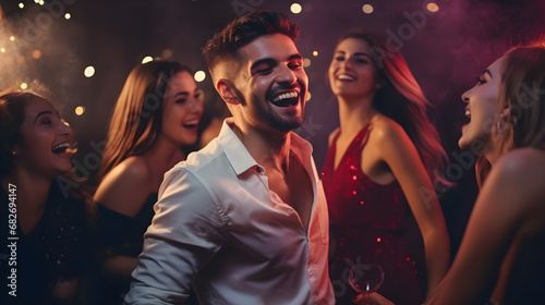 Cheerful young guy and beautiful girls are dancing in a night club at a party. Fun and entertainment concept
