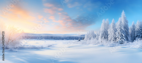 Winter landscape. Snow-covered Christmas trees on the background of a beautiful sky. Realistic photo