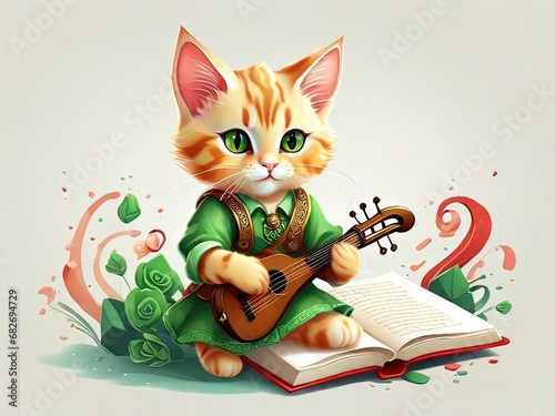 AI bellissimo gattino che legge e suona uno strumento 04 photo