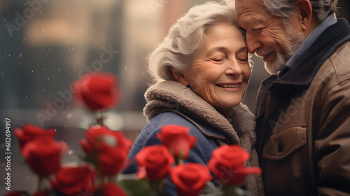 Valentine's Day. Happy elderly couple hugging on the background of red roses