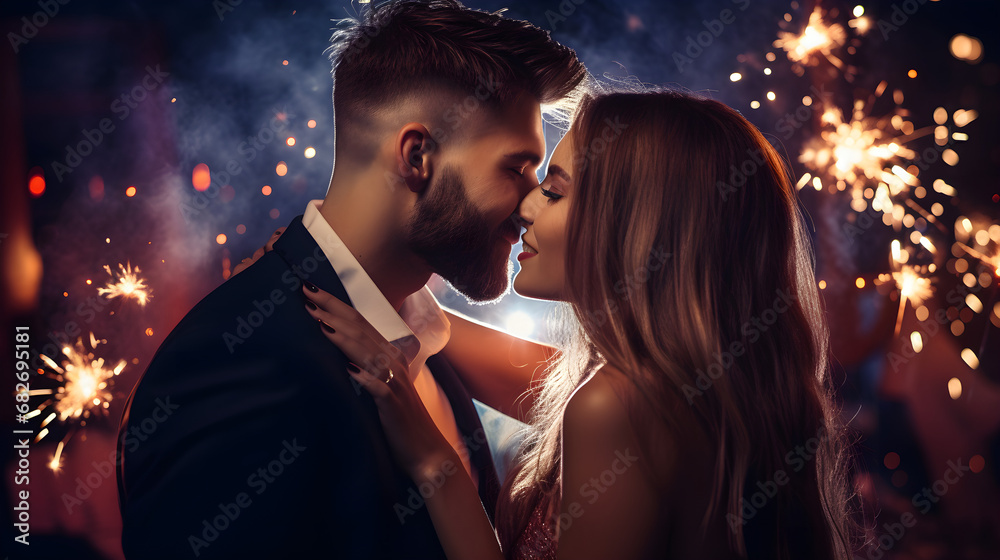 beautiful couple in love are hugging and kissing on the background of sparklers celebrating new year, valentine's day, holiday