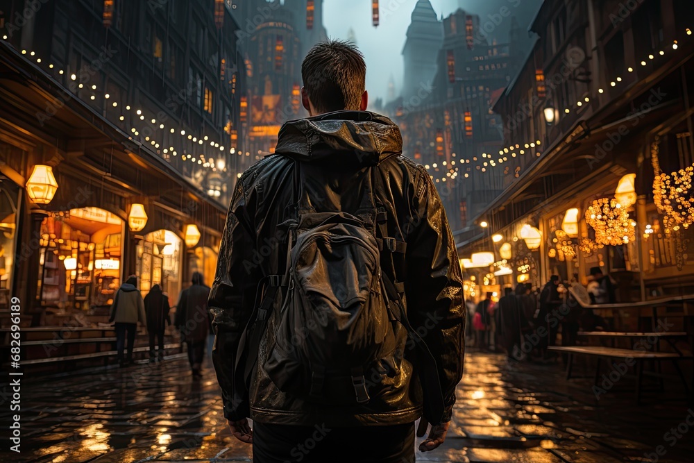 Obraz premium tourist with backpack in the city rear view.