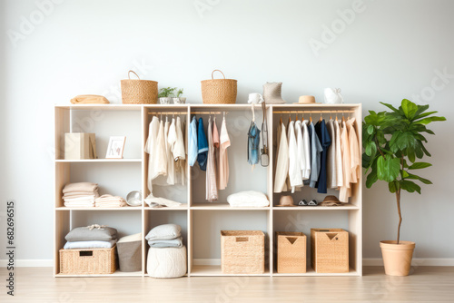 Organized wooden shelves with towels, plants, and various neatly arranged storage containers in a minimalist style. photo