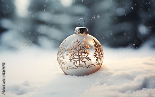 Christmas ornament in the snow with muted whimsy and light silver