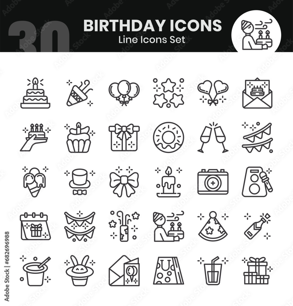 Birthday Icons Bundle. Thin outline icon style. Vector illustrations
