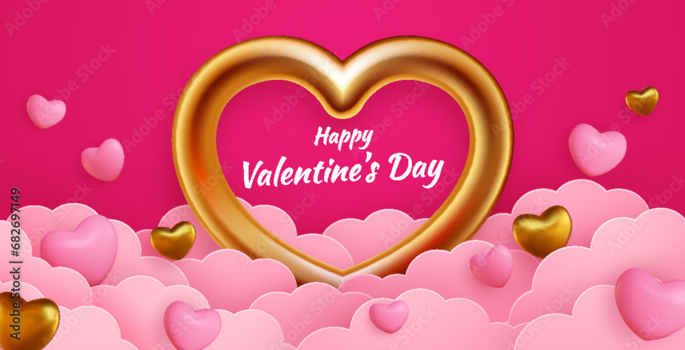 Happy Valentine's Day. Pink clouds with beautiful paper cut pink and gold hearts frame on pink background. Vector illustration in paper cut style. Place for text.