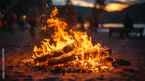 Flaming campfire burns