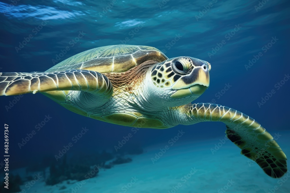Obraz premium Hawaiian Green Sea Turtle gracefully swimming in the clear blue ocean. Capturing the rich beauty of nature in the transparent waters.Generative AI