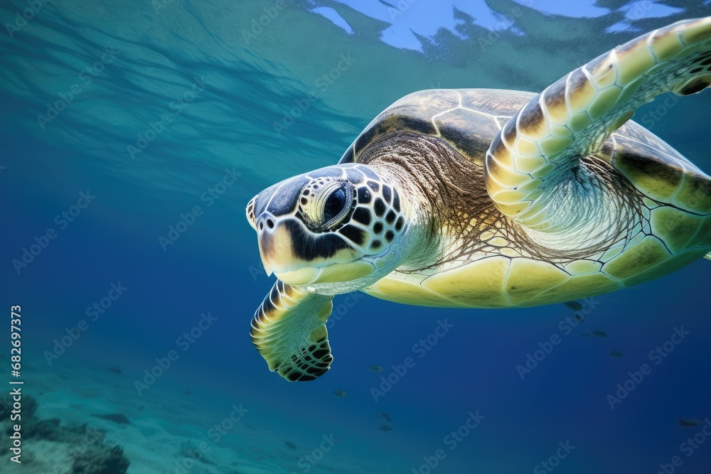 Obraz premium Hawaiian Green Sea Turtle gracefully swimming in the clear blue ocean. Capturing the rich beauty of nature in the transparent waters.Generative AI