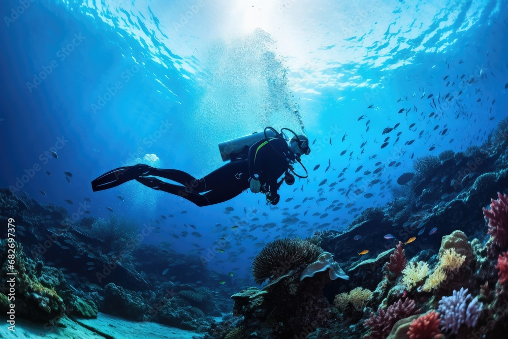 A scuba diver gracefully swimming over a coral reef in the deep blue ocean, exploring the mesmerizing underwater world.

 Generative AI