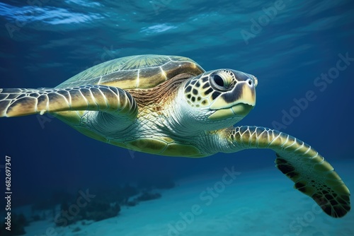 Hawaiian Green Sea Turtle gracefully swimming in the clear blue ocean. Capturing the rich beauty of nature in the transparent waters.   Generative AI