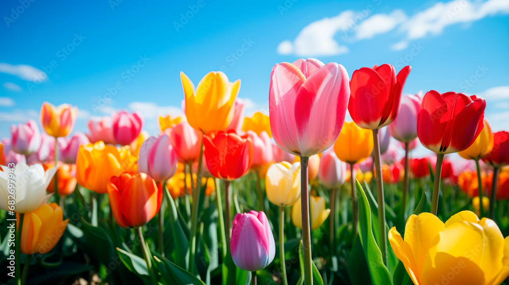 Spring tulip field with various type and color.