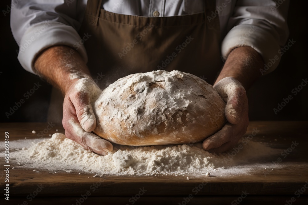 Bakers hands dust flour over the bread dough, ensuring a perfect rise ...