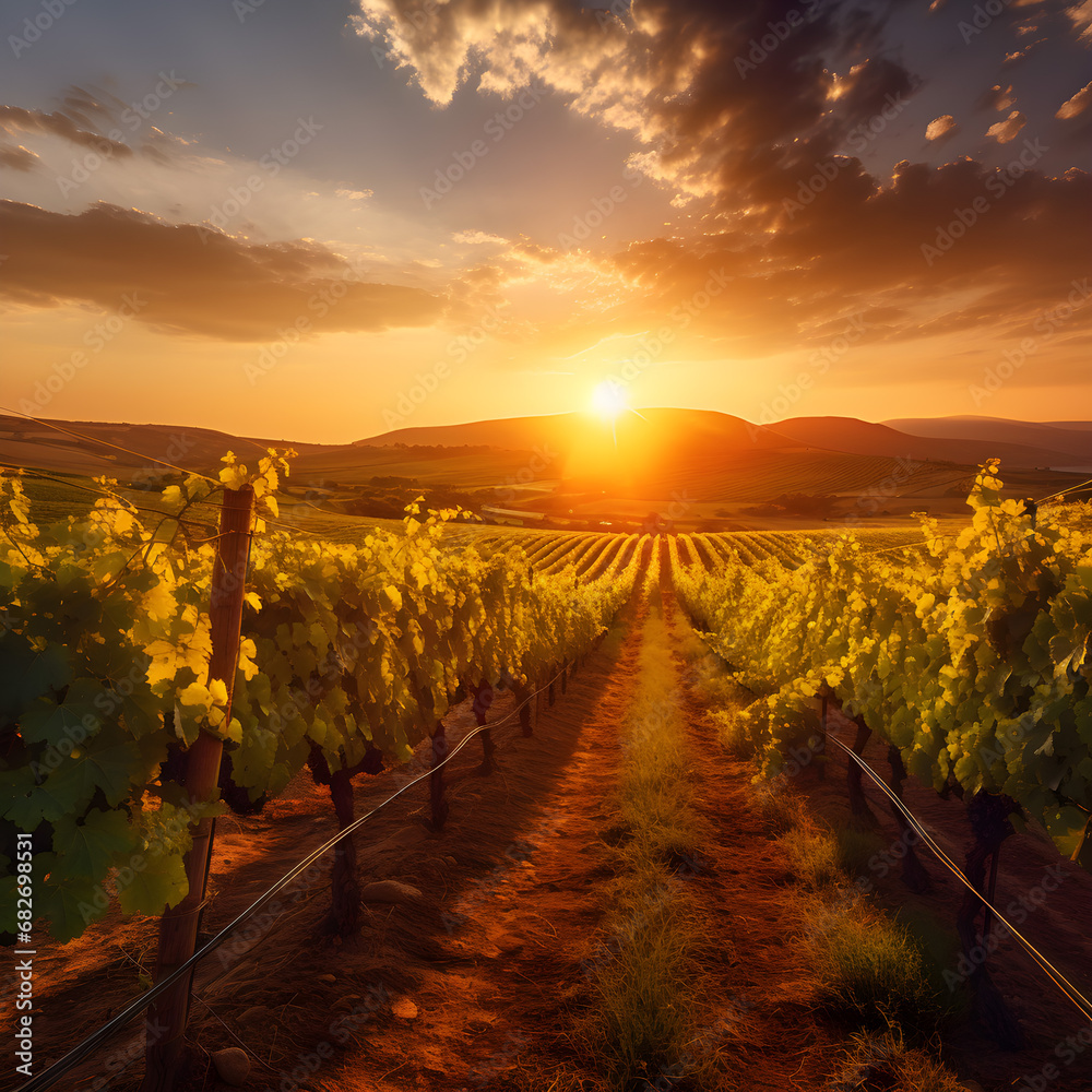 The warm glow of the sun setting over the vineyards