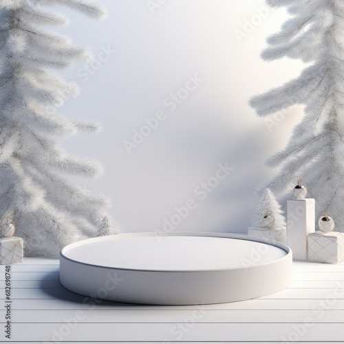 Simple round podium with fir trees on background. Generative AI