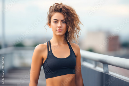 Young attractive athletic woman in sportswear standing outdoors with a blurred urban background