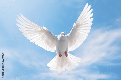 Holy spirit bird flies in blue sky, bright light shines from heaven. Flying white dove descends from sky. Christian symbol of Holy Spirit, peace