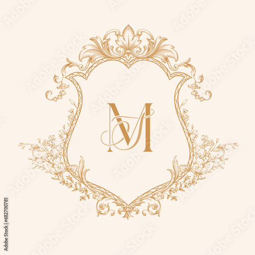 Baroque style and floral wedding crest design. Can be used for wedding invitations, greeting cards, scrapbooking. MS, SM initial golden wedding crest vector illustration.