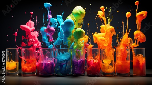 a group of glasses with colorful liquid splashing
