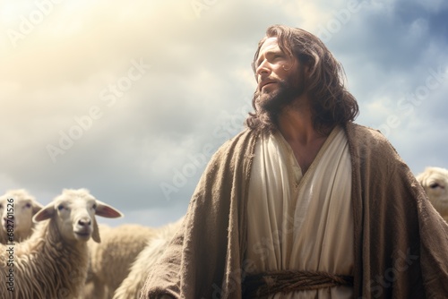 Shepherd Jesus Christ taking care of lambs, sheep on the meadow. Gospel, christianity, salvation concept © jchizhe