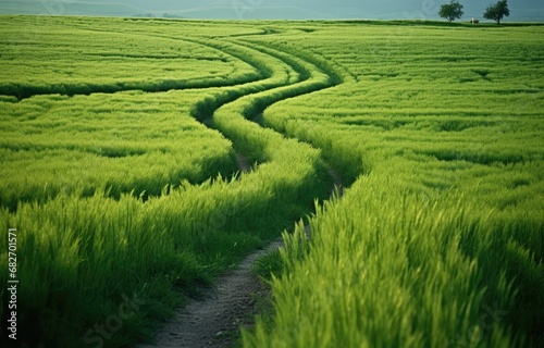 Tracks running through a field of wild grass.