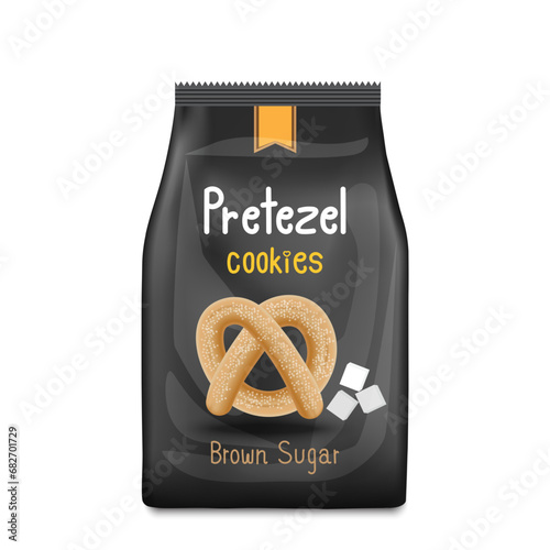 Salted pretzels in a black bag with crumbs next to it. Vector illustration in 3D style.