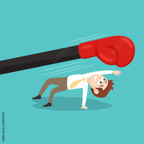 Boxing business man defending from a huge red boxing glove punching,illustration vector cartoon. 