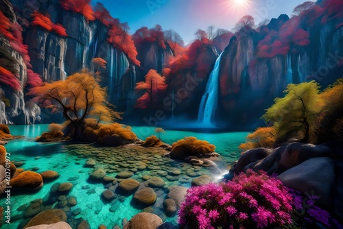A dream like fantasy world where no one is present. This surreal realm is a spectacle of vibrant colors and incredible beauty. Enormous, luminescent butterflies the size of cars flutter gracefully