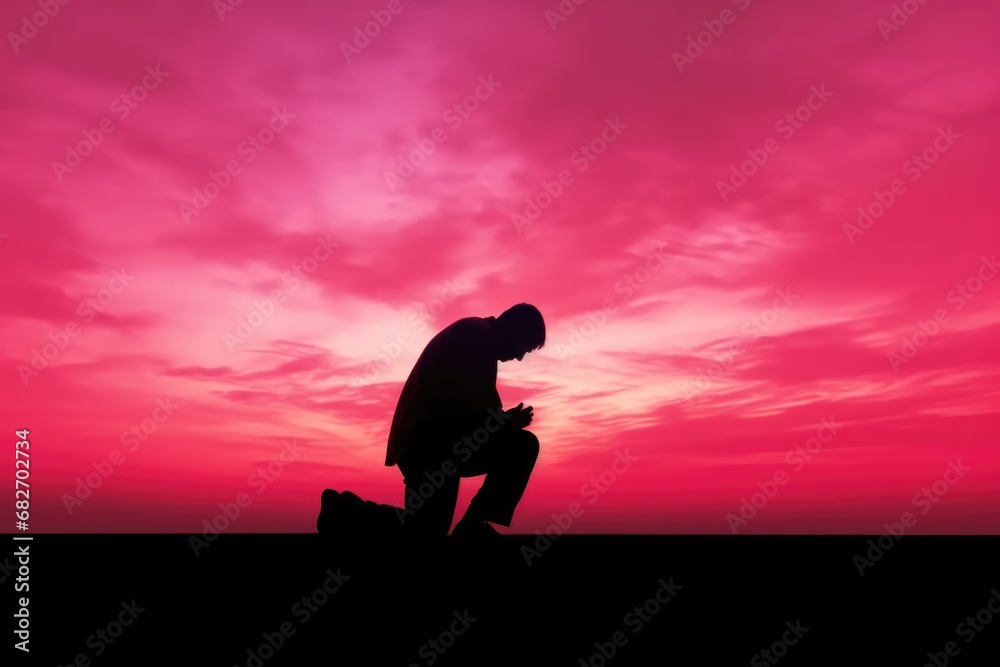 Christian prayer. Man on his knees praying on sunset background ...