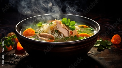 an image of a steaming bowl of classic chicken noodle soup with tender chicken and vegetables