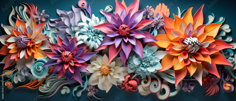 a exploding line of intricate, hypermaximalist flowers, graduating colors, studio lighting - Generative AI