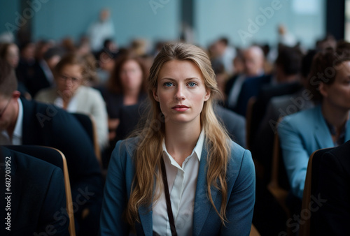 Close up of young woman sitting in crowd. Generative AI