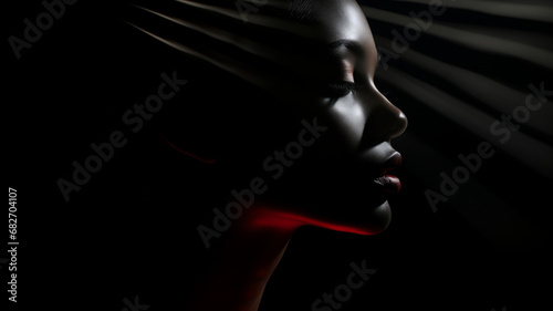weibliches Beauty Model in seitlicher Pose. Low Key Portrait bei dramatischem Licht mit roten Lichteffekten. Querformat 16:9 Format. Generative Ai. © Michael