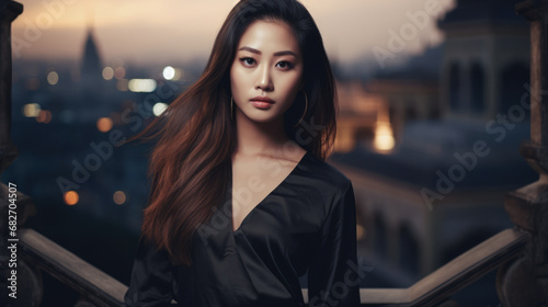 Portrait of an elegant Asian young woman with a cityscape background