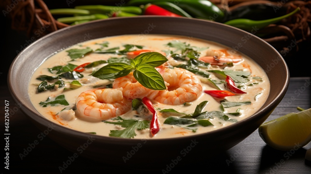 an image of a steaming bowl of Thai coconut soup with shrimp and lemongrass