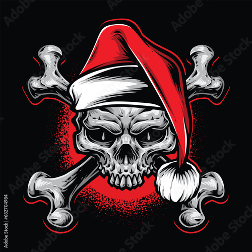 crossing bone with skull wearing santa hat