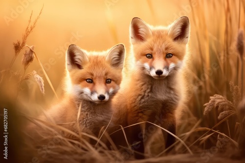 Two beautiful fox cubs in a meadow of golden crops.