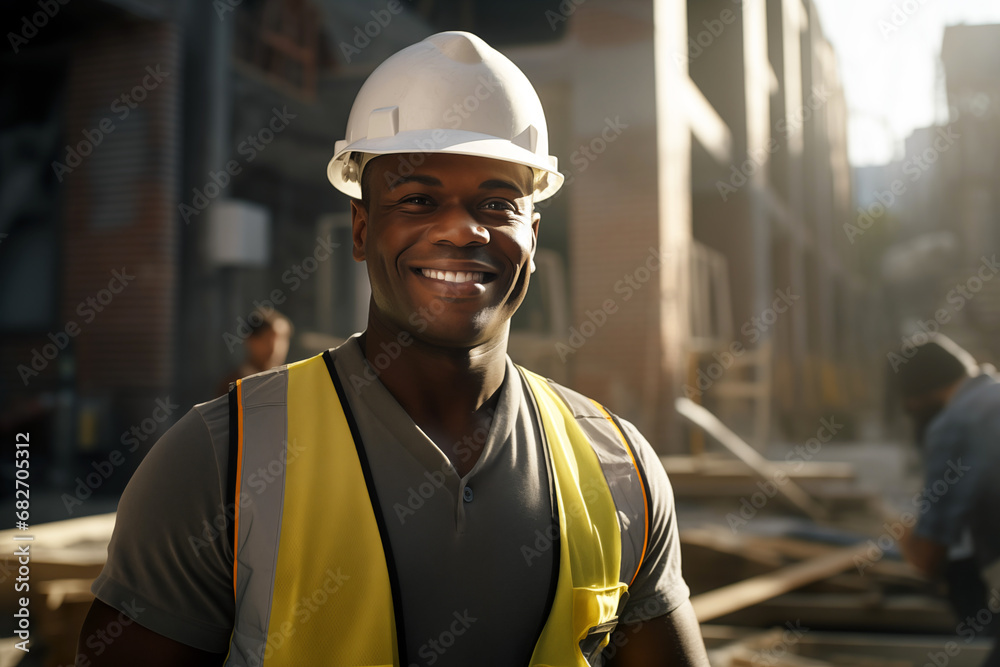 Smiling men bricklayer in work clothes on a construction site. Mason at work. Black men. African American man. Job. construction company. AI Smiling men bricklayer in work clothes on a construction site. Mason at work. Black men. African American man. Job. construction company. AI