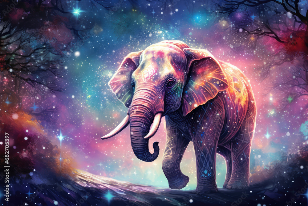 beautiful elephant at night with colorful light and stars, magical fantasy art