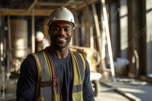 Smiling men bricklayer in work clothes on a construction site. Mason at work. Black men. African American man. Job. construction company. AI