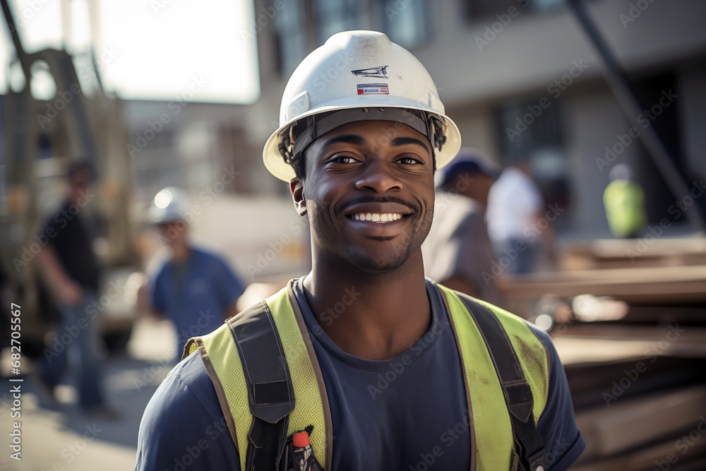 Smiling men bricklayer in work clothes on a construction site. Mason at work. Black men. African American man. Job. construction company. AI - obrazy, fototapety, plakaty 